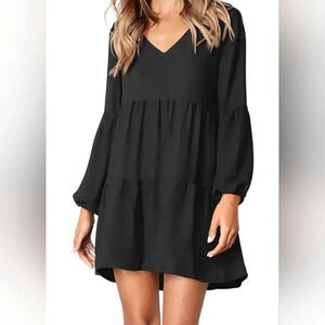 Amoretu Women‘s V Neck Casual Loose Flowy Babydoll Tiered Dress - Large